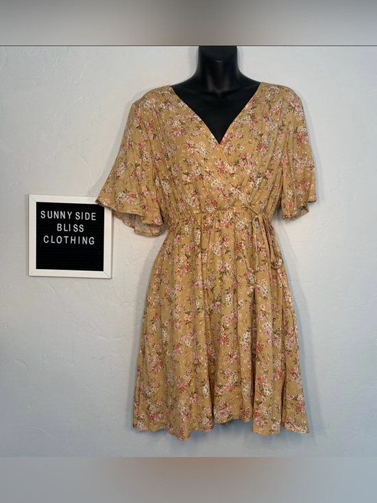 Camilla Dresses & Skirts - Camellia Brown Pink Floral V Neck Mini Dress Side Tie Flutter Sleeves Large